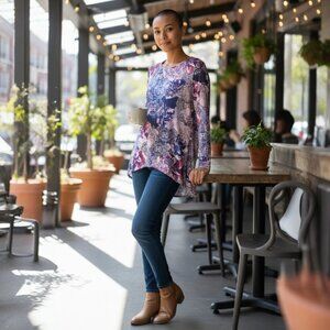 Chico’s Floral Baroque Print Tunic Top Long Sleeve Boho Artsy Hi-Low Hem